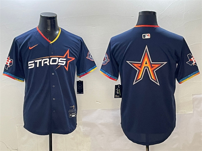 Men's Houston Astros Team Big Logo Navy 2025 City Connect With Texas Patch Limited Stitched Baseball Jersey 002